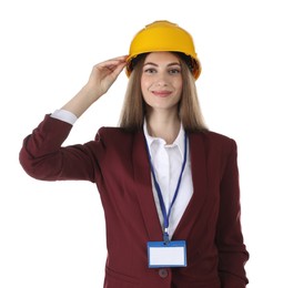 Photo of Engineer in hard hat on white background