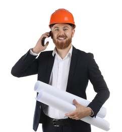 Photo of Engineer in hard hat with drafts talking on smartphone against white background