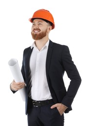 Engineer in hard hat with draft on white background