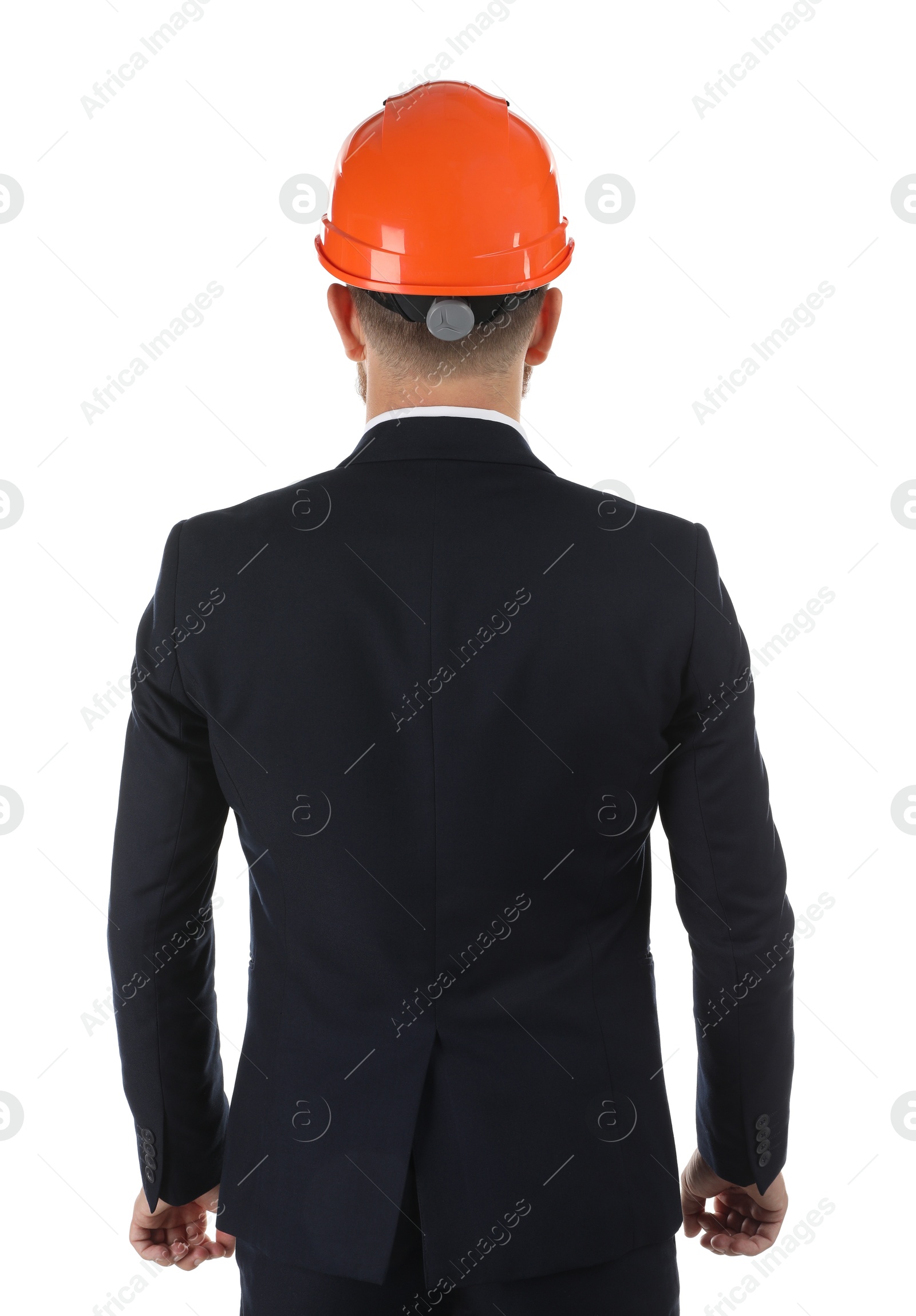 Photo of Engineer in hard hat on white background, back view