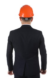 Photo of Engineer in hard hat on white background, back view