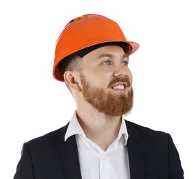 Photo of Engineer in hard hat on white background