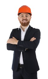 Engineer in hard hat on white background