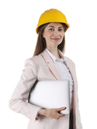 Photo of Engineer in hard hat with laptop on white background