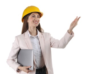 Photo of Engineer in hard hat with laptop on white background