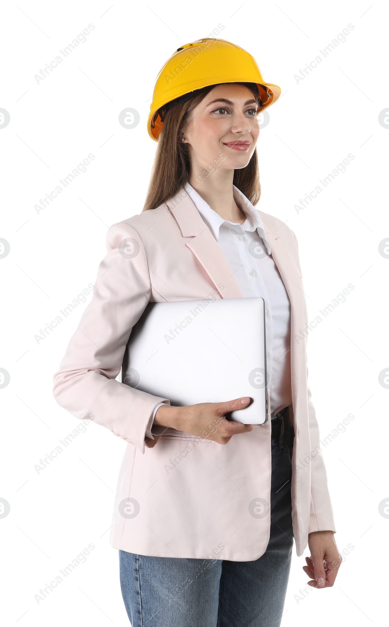 Photo of Engineer in hard hat with laptop on white background