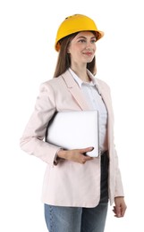 Engineer in hard hat with laptop on white background