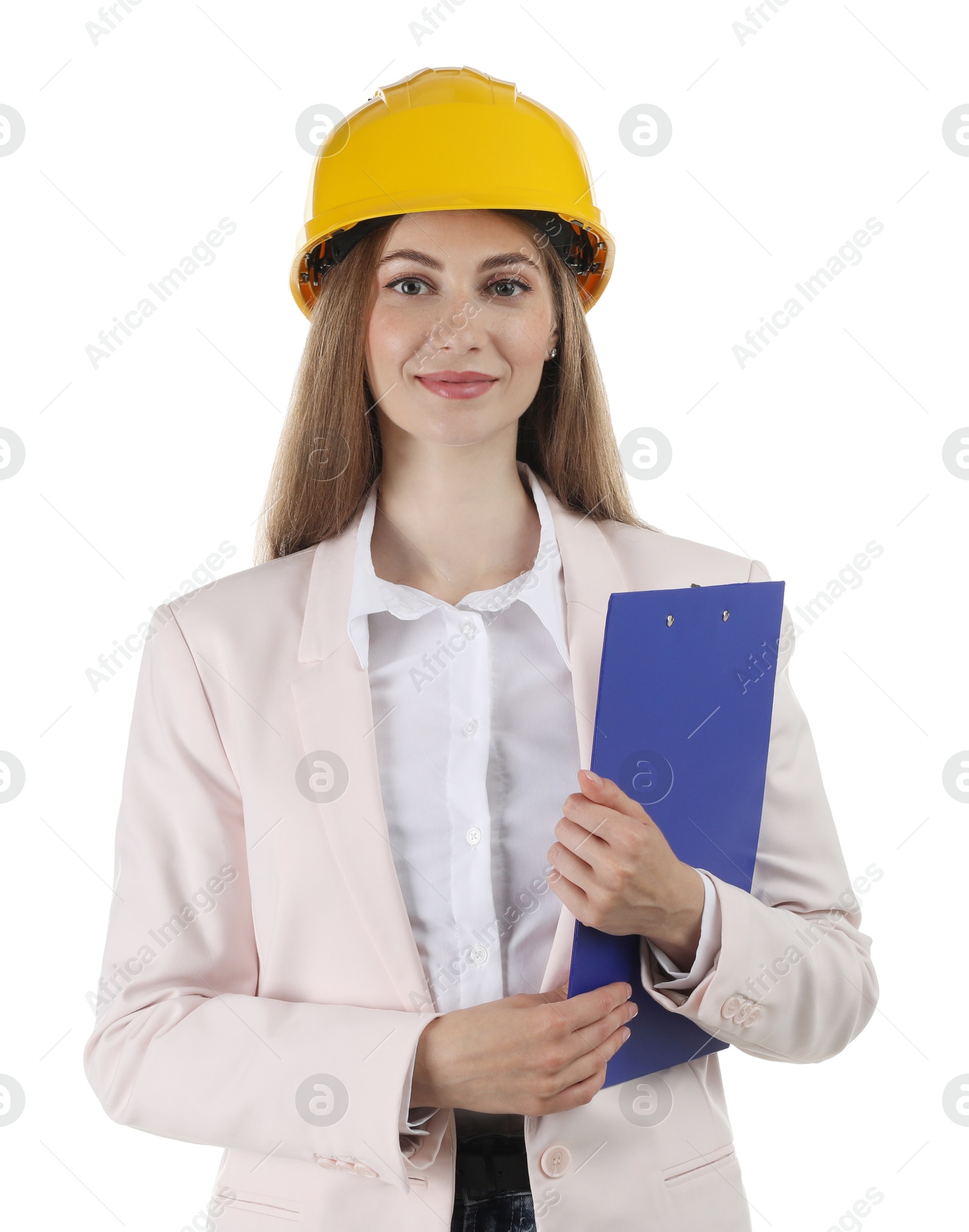 Photo of Engineer in hard hat with clipboard on white background