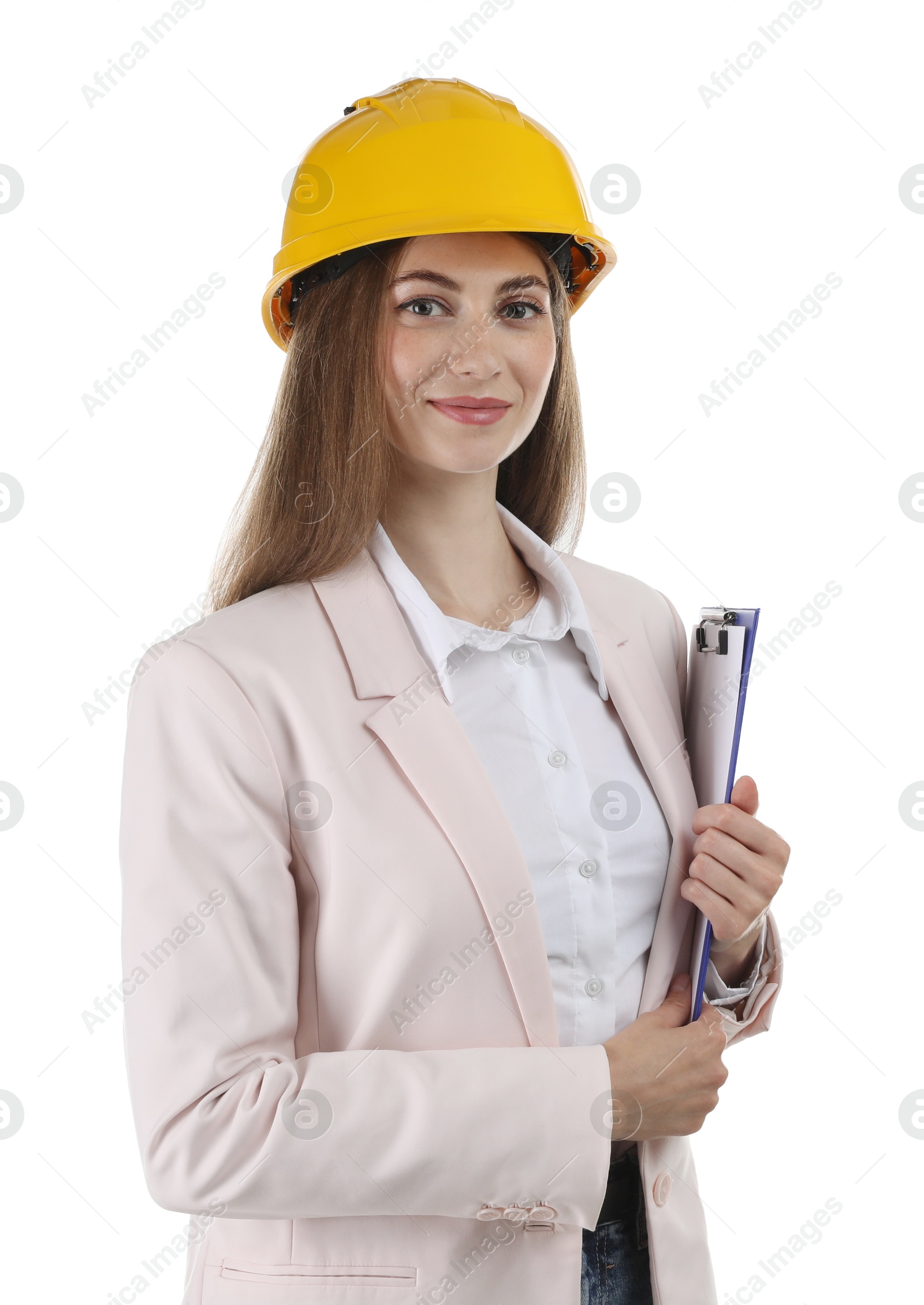 Photo of Engineer in hard hat with clipboard on white background