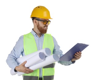 Photo of Engineer in hard hat with clipboard and drafts on white background