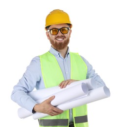 Photo of Engineer in hard hat and protective glasses with drafts on white background