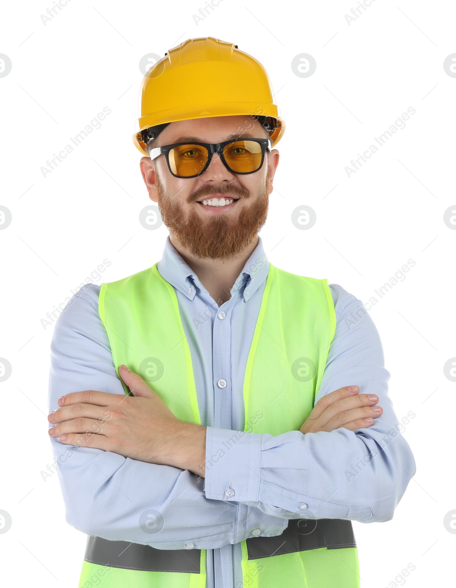 Photo of Engineer in hard hat and protective glasses on white background