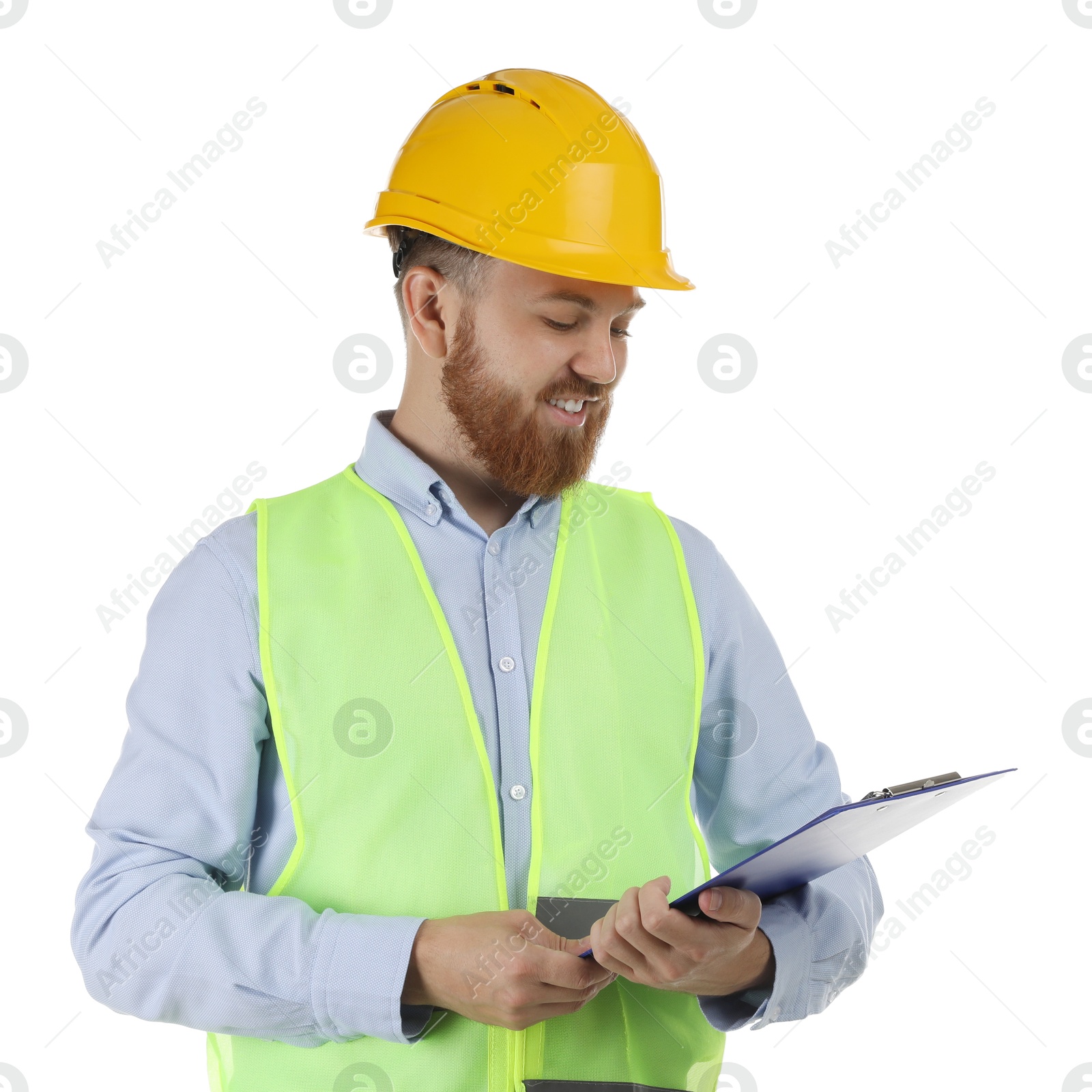 Photo of Engineer in hard hat with clipboard on white background