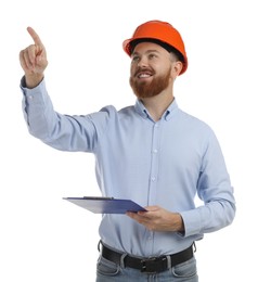 Photo of Engineer in hard hat with clipboard pointing at something on white background