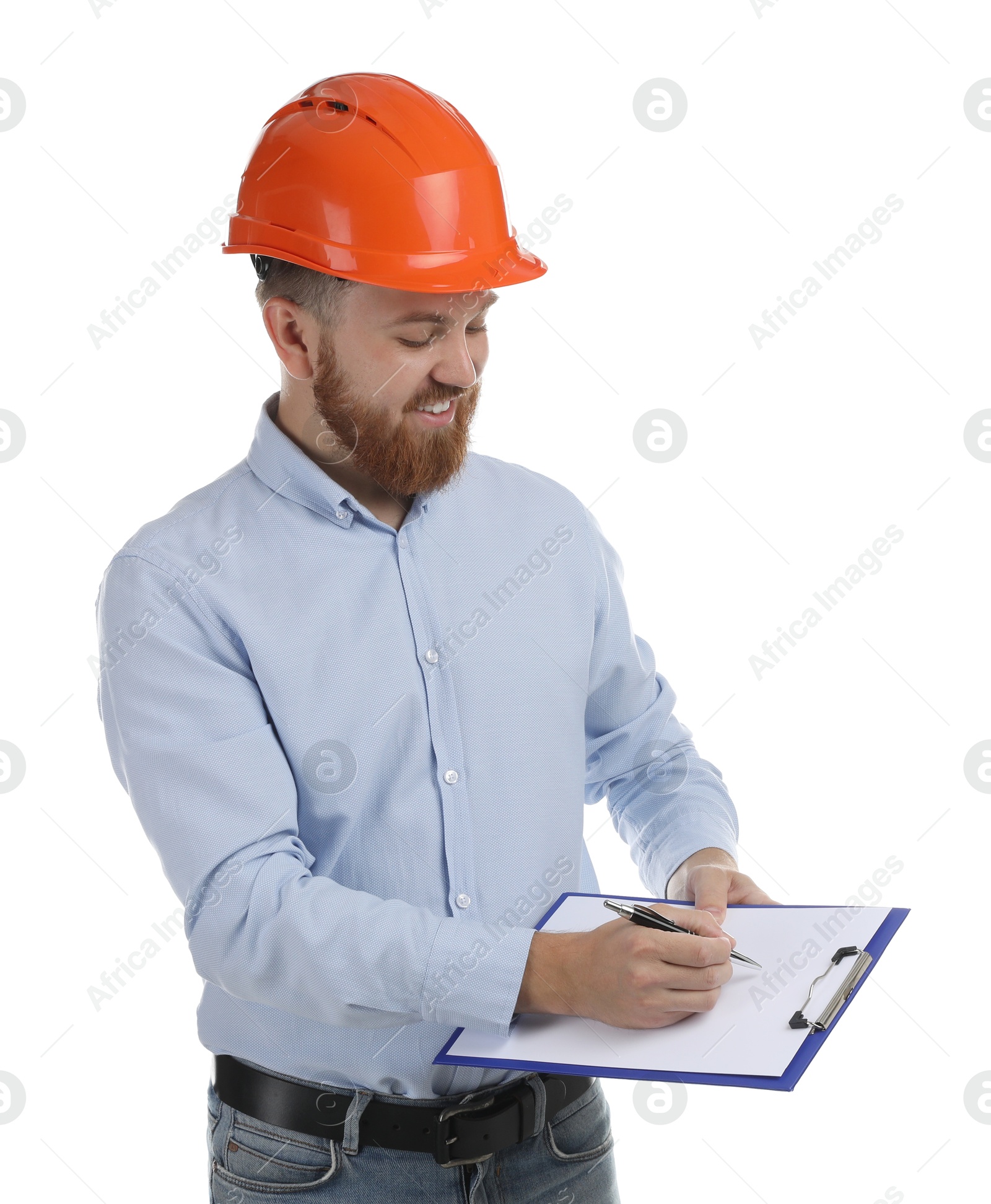 Photo of Engineer in hard hat with clipboard and pen on white background