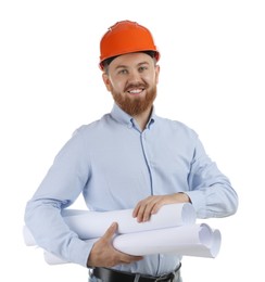 Photo of Engineer in hard hat with drafts on white background