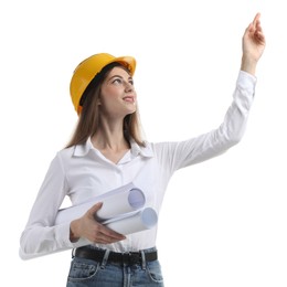 Photo of Engineer in hard hat with drafts pointing at something on white background