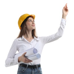 Engineer in hard hat with drafts pointing at something on white background