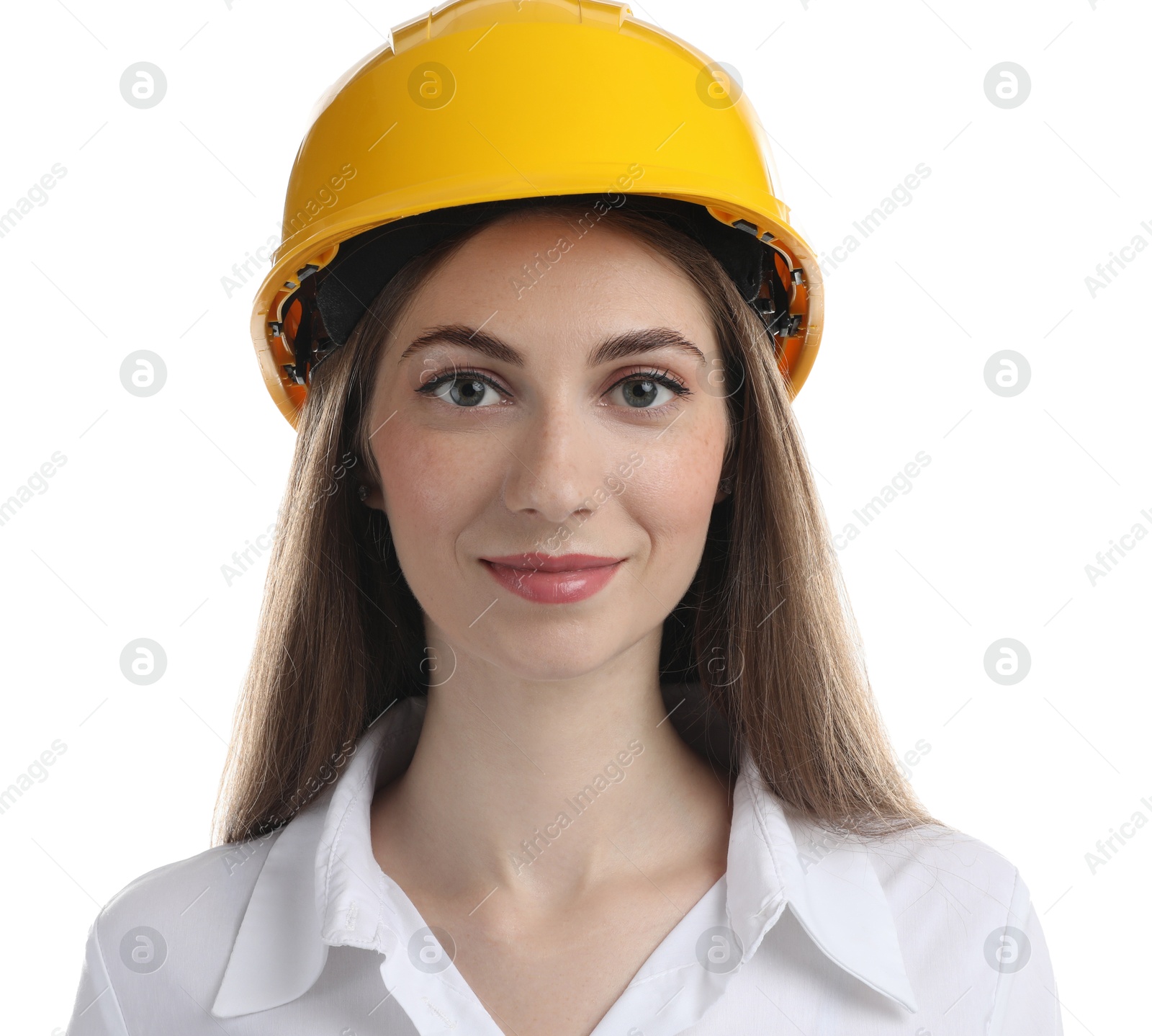 Photo of Engineer in hard hat on white background