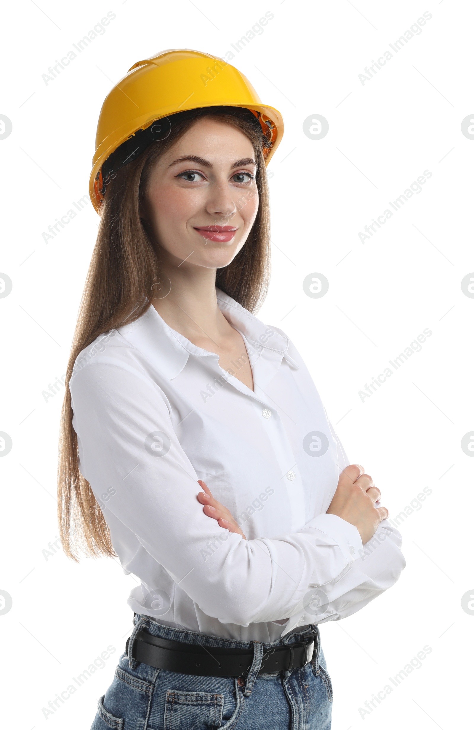 Photo of Engineer in hard hat on white background