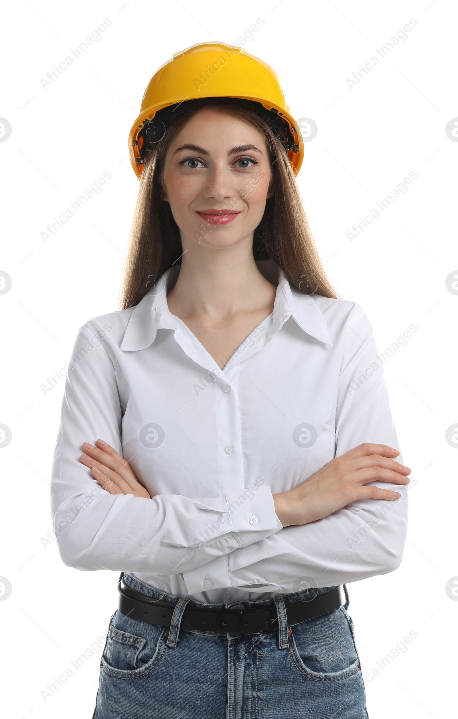 Photo of Engineer in hard hat on white background