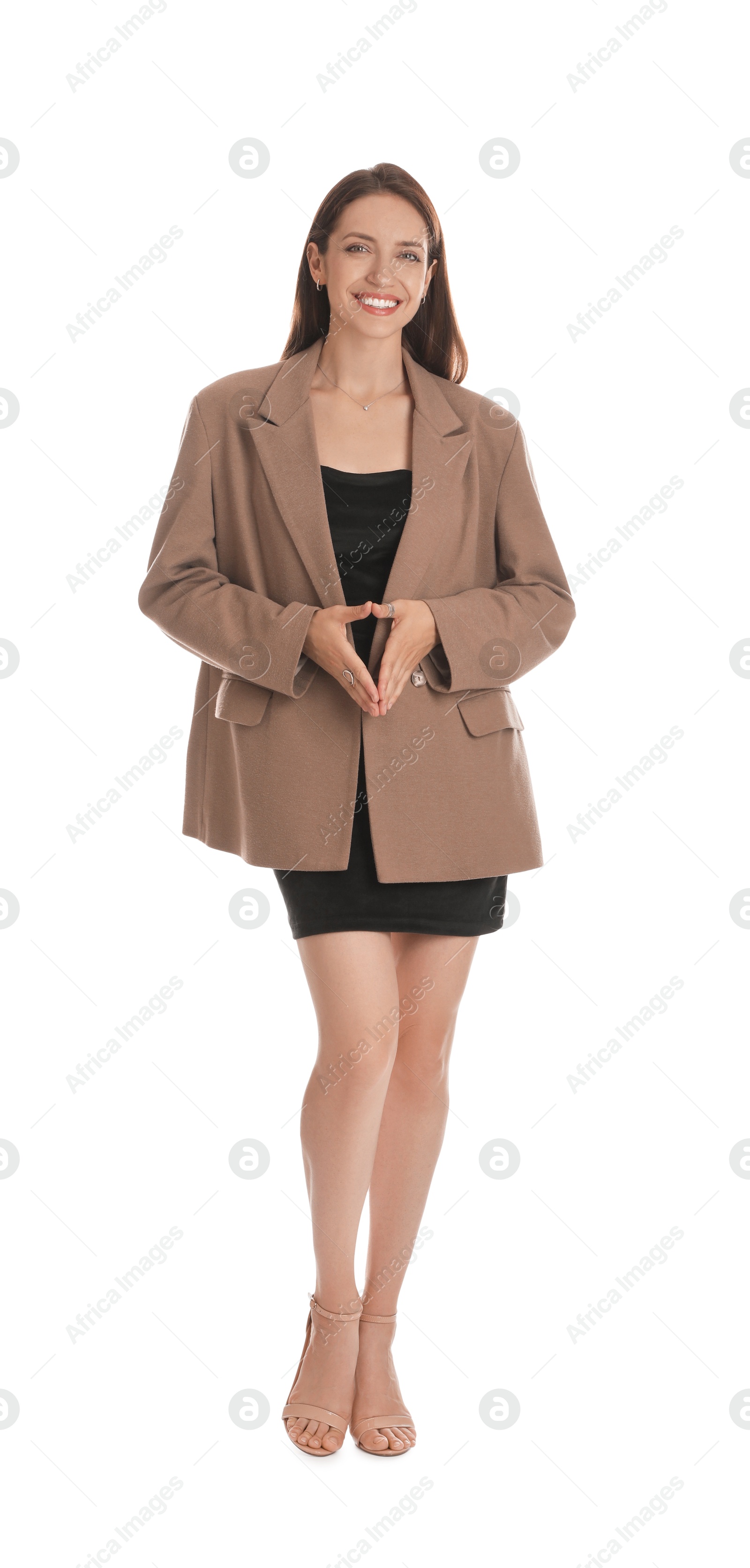 Photo of Beautiful woman in stylish brown jacket and black dress on white background