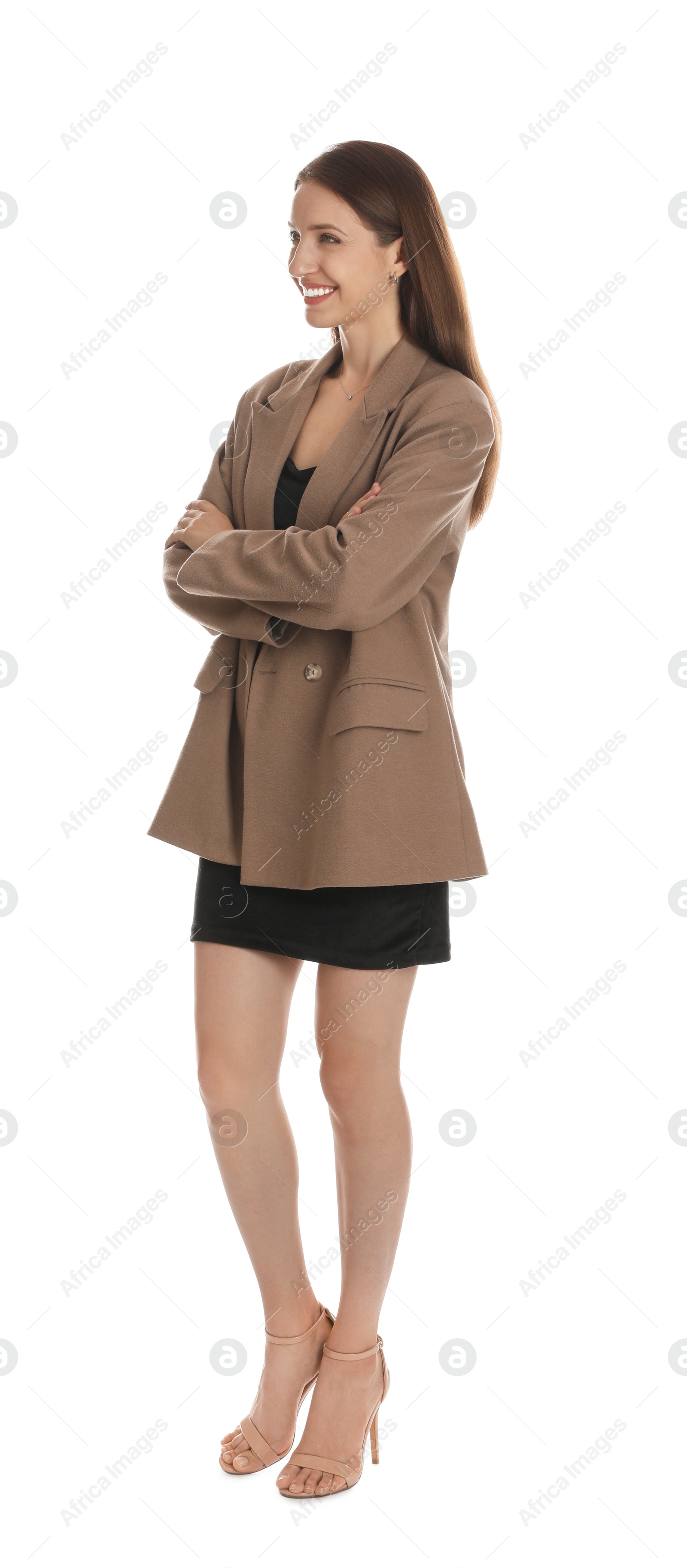 Photo of Beautiful woman in stylish brown jacket and black dress on white background