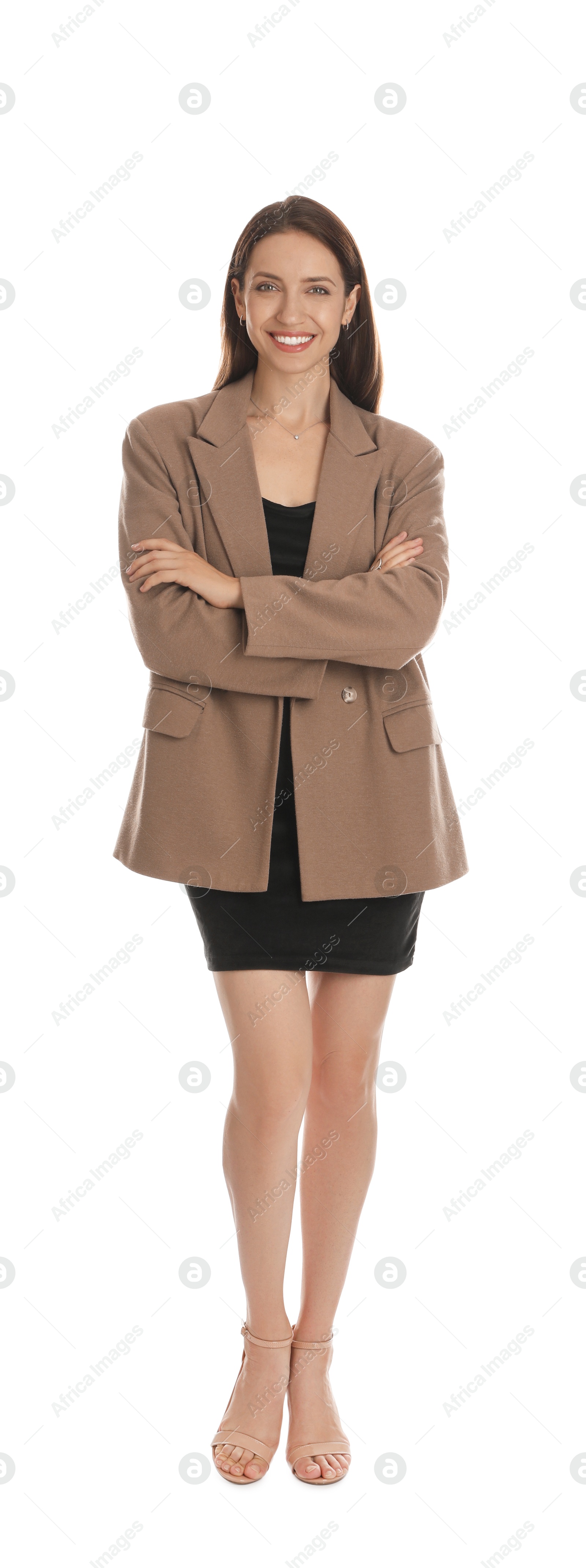 Photo of Beautiful woman in stylish brown jacket and black dress on white background