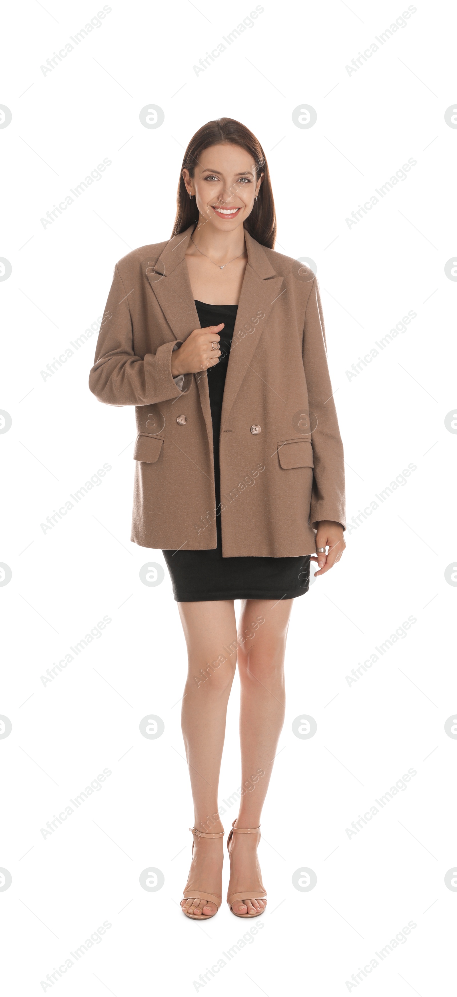 Photo of Beautiful woman in stylish brown jacket and black dress on white background