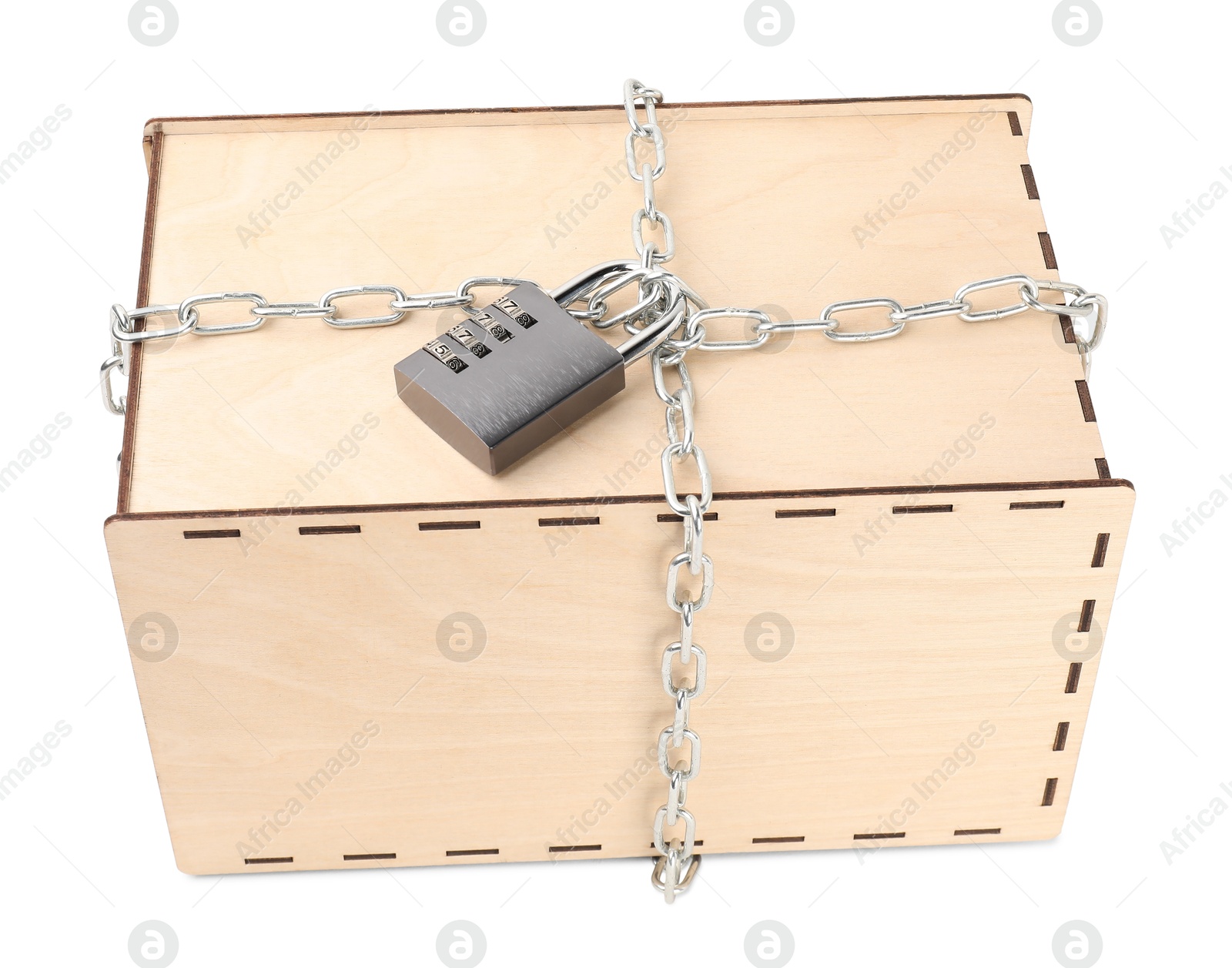 Photo of Secret parcel. One wooden box with metal chain and padlock isolated on white