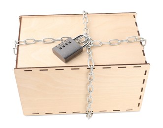 Photo of Secret parcel. One wooden box with metal chain and padlock isolated on white