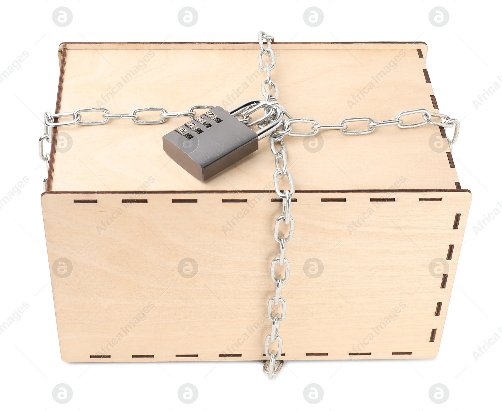 Photo of Secret parcel. One wooden box with metal chain and padlock isolated on white