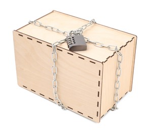 Photo of Secret parcel. One wooden box with metal chain and padlock isolated on white