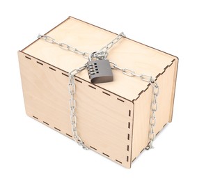 Photo of Secret parcel. One wooden box with metal chain and padlock isolated on white