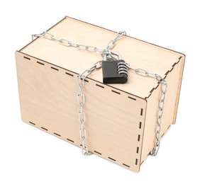 Photo of Secret parcel. One wooden box with metal chain and padlock isolated on white