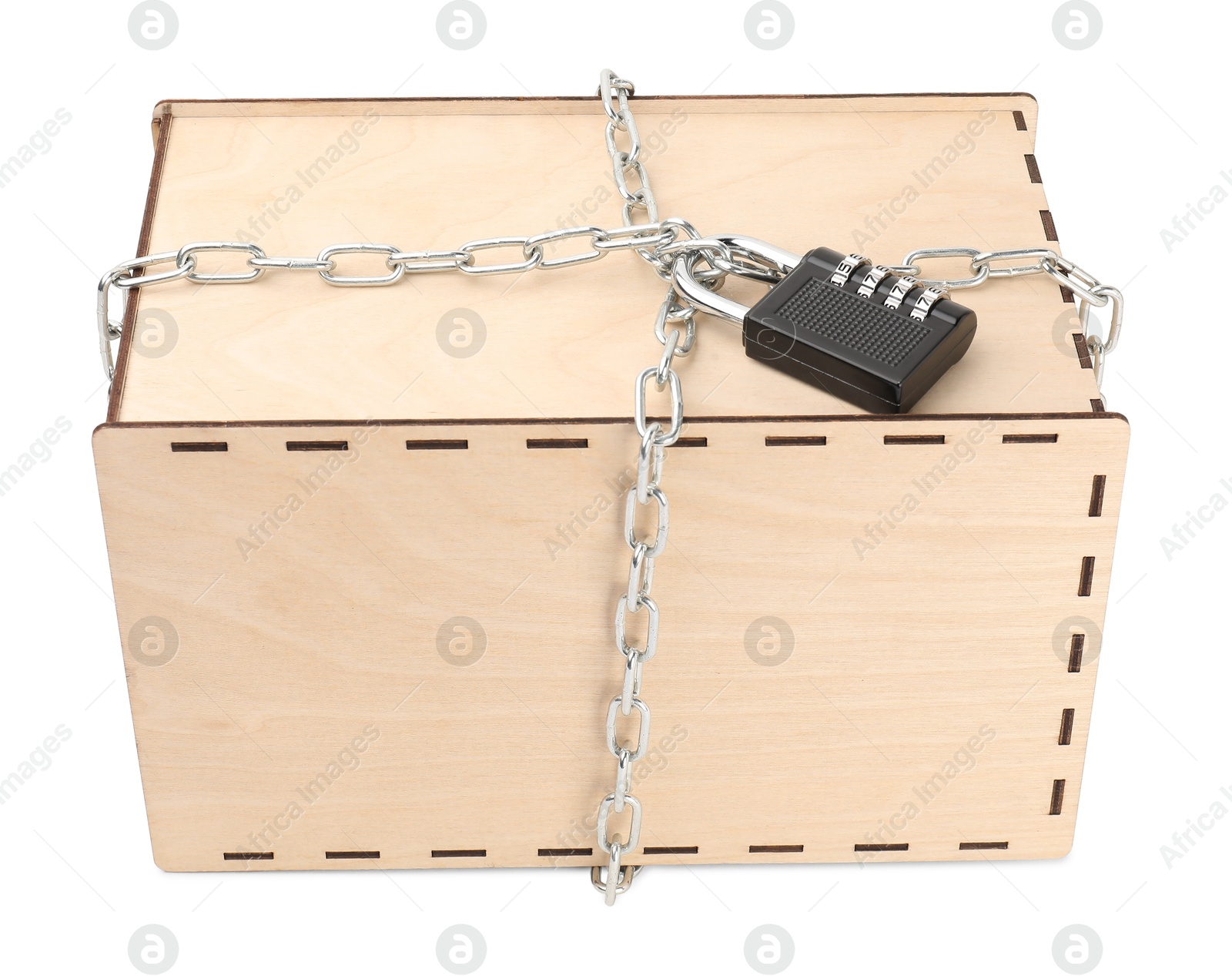 Photo of Secret parcel. One wooden box with metal chain and padlock isolated on white