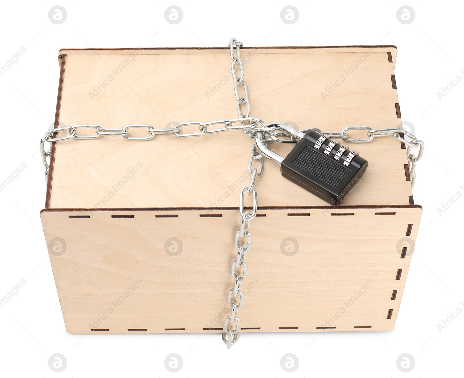 Photo of Secret parcel. One wooden box with metal chain and padlock isolated on white