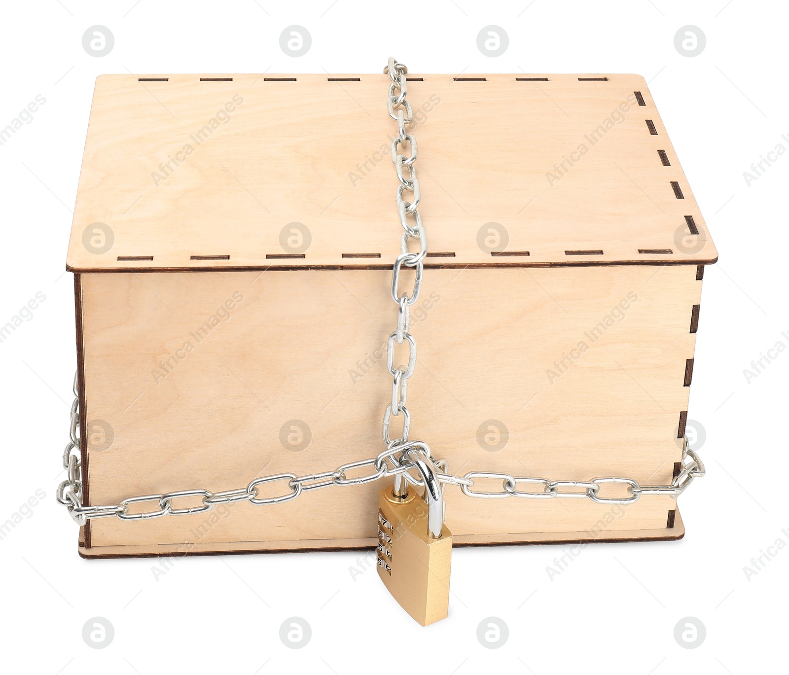 Photo of Secret parcel. One wooden box with metal chain and padlock isolated on white