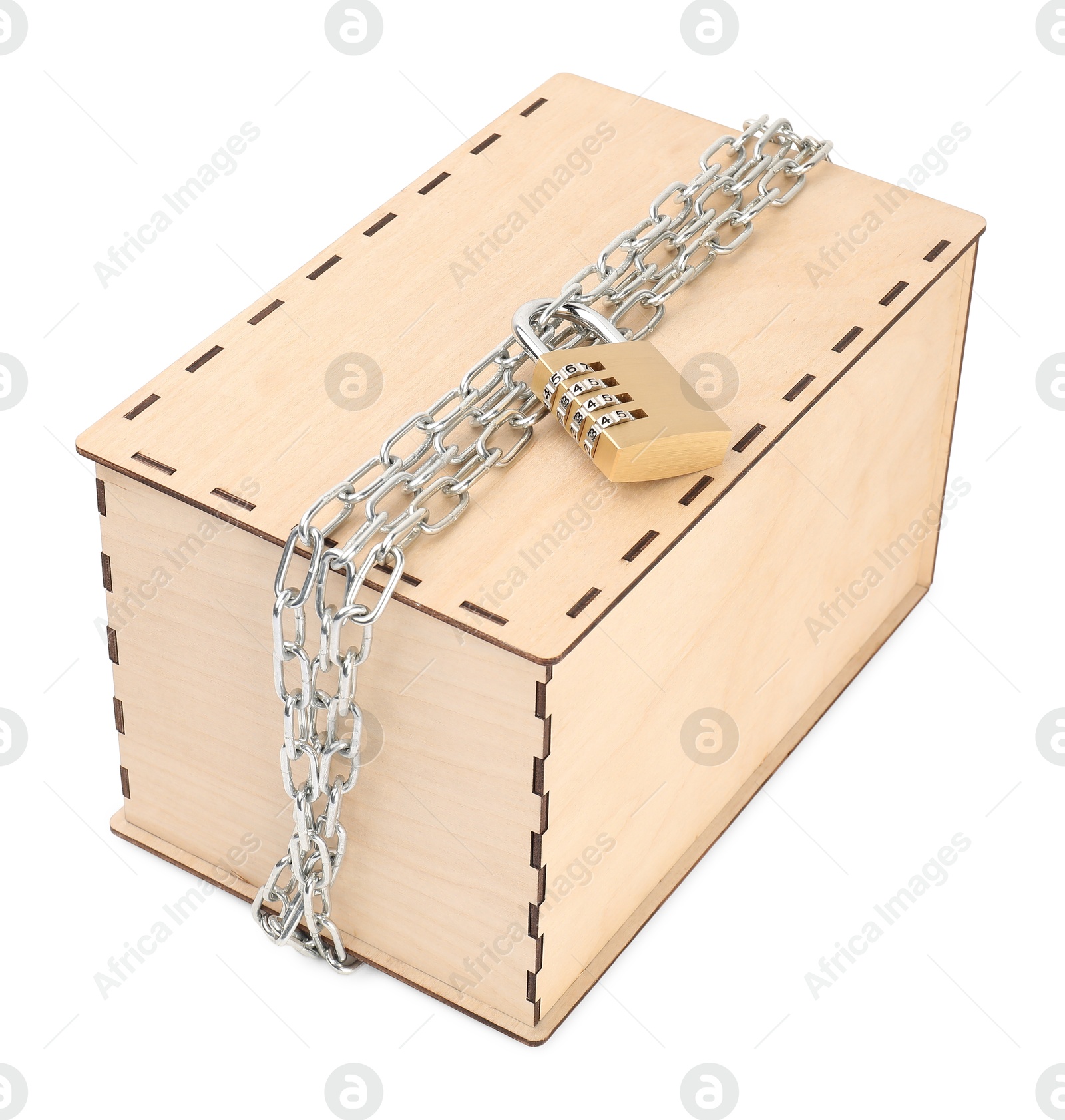 Photo of Secret parcel. One wooden box with metal chain and padlock isolated on white