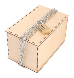 Photo of Secret parcel. One wooden box with metal chain and padlock isolated on white