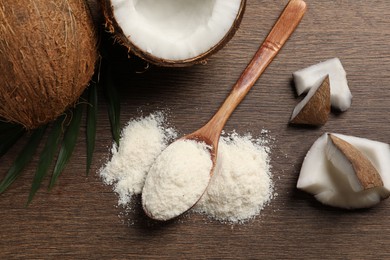 Photo of Coconut flour, fresh fruits and leaf on wooden table, flat lay