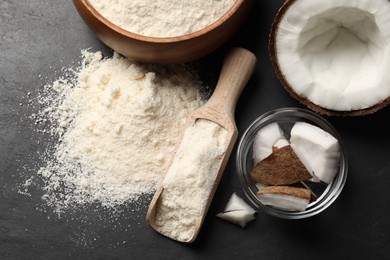 Photo of Coconut flour and fresh fruits on dark grey table, flat lay