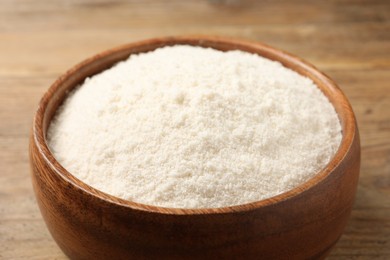 Photo of Coconut flour in bowl on table, closeup