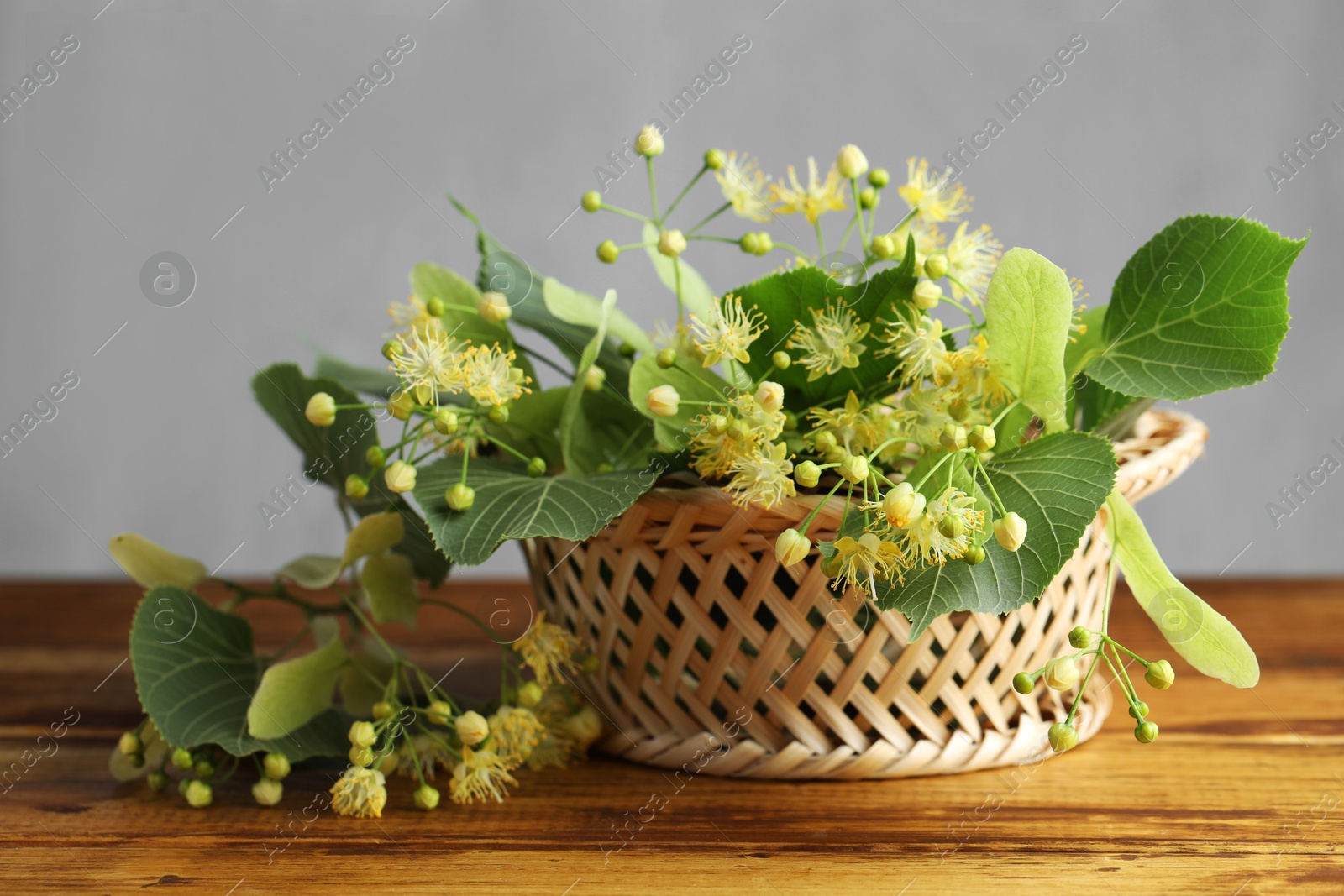 Photo of Fresh linden leaves and flowers on wooden table