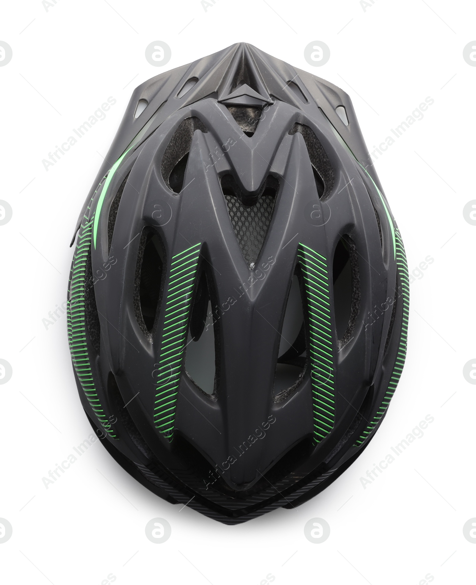 Photo of New stylish bicycle helmet isolated on white, top view