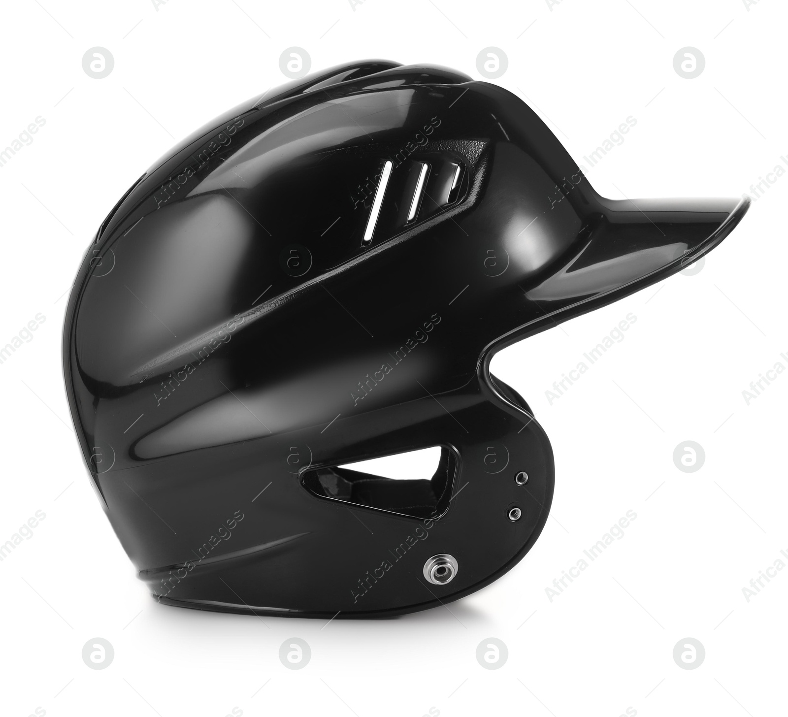 Photo of One black baseball helmet on white background, space for text