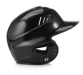 Photo of One black baseball helmet on white background, space for text