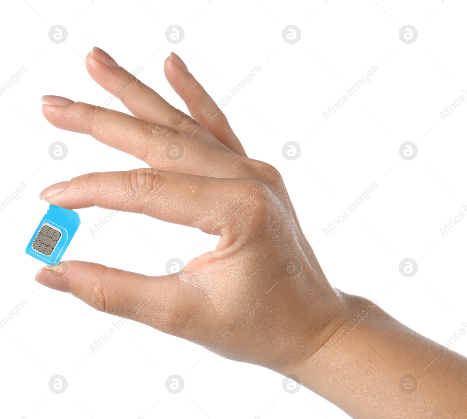 Photo of Woman with SIM card on white background, closeup