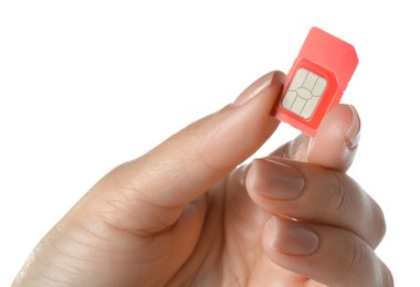 Photo of Woman with SIM card on white background, closeup