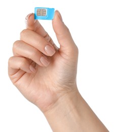 Photo of Woman with SIM card on white background, closeup